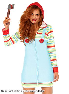 Chucky from Child's Play (woman), costume dress, front zipper, buttons, horizontal stripes